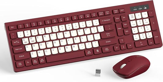 Wireless Keyboard and Mouse Combo, Full-Sized Wireless Keyboard and Adjustable DPI Mouse, 2.4GHz USB Receiver, Keyboard and Mouse for PC, Windows, Desktop, Laptop (Wine Red-B)