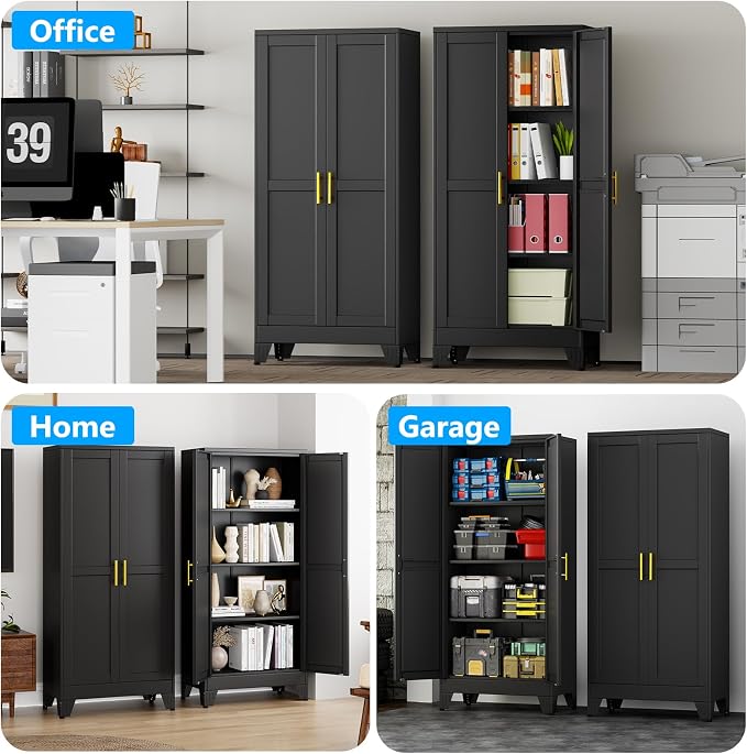 pozdeg 61" Tall Metal Storage Cabinet with 2 Doors & 3 Adjustable Shelves, Steel File Cabinet Multipurpose Organizer for Home Office Garage (Black)