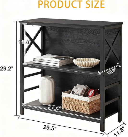 MNEETRUNG Small Bookshelf,3 Tier Industrial Bookcase with Metal Frame and Backboard,Low Black Book Shelf,Book case for Small Spaces,Living Room,Bedroom and Home Office