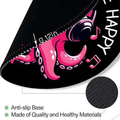 Music Octopus Mouse Pad, Small Round Black Mouse Pads for Desk, Mini Travel Mousepad for Work Wireless Computer Laptop, Office Desk Accessories, Music Makes Me Happy, 8.6 x 8.6 inch