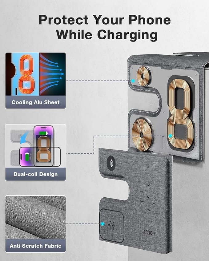 JARGOU 3 in 1 Charging Station for Apple Wireless Charger for iPhone 15 14 13 12 11 X 8 Series Wireless Charging Station for Multiple Devices for Apple Watch Charger for AirPods 2/3/Pro/Pro 2 (Grey)