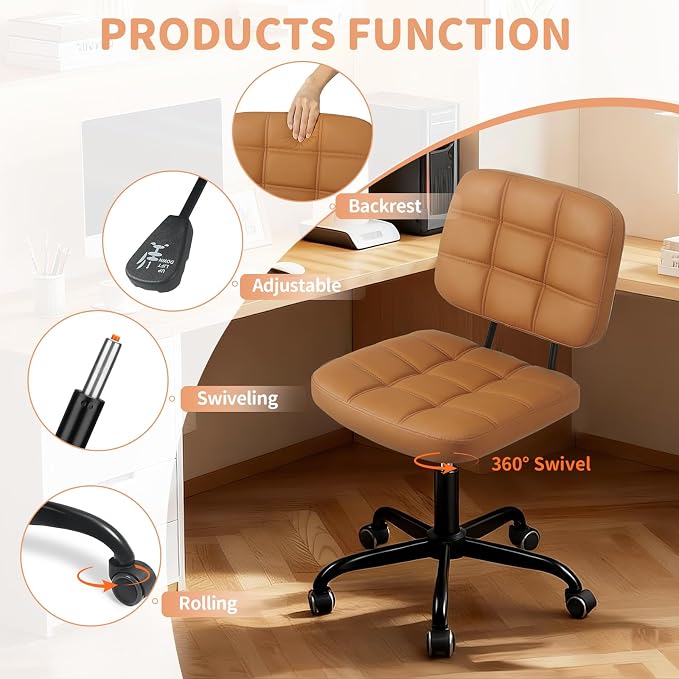 Armless Home Office Desk Chair - Small Swivel Office Desk Chairs with Rolling Wheels - Height Adjustable PU Leather Computer Chair with Comfy Low Back - For Small Space, Bedroom, Home, Vanity- Brown