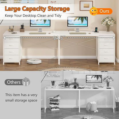 YOMILUVE 95'' Two Person Desk with 8 Drawers, Long Computer Desk with Charging Station, 2 Person Desks Double Desk Writing Study Table for Home Office, White