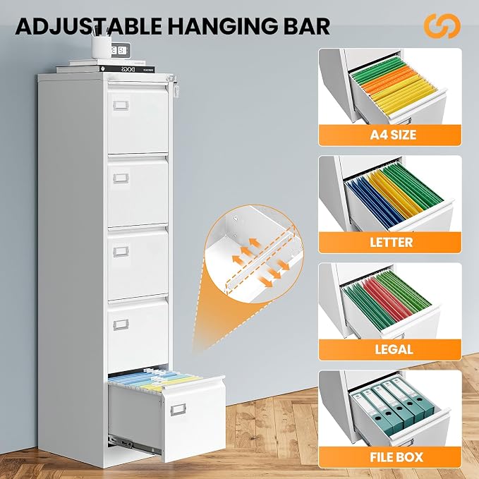 5 Drawer File Cabinet with Lock, Metal Filing Cabinets for Home Office, Vertical White Locking File Caninet, Steel Narrow Five Drawer File Cabnet for Letter/Legal / A4 / B4- Assembly Required