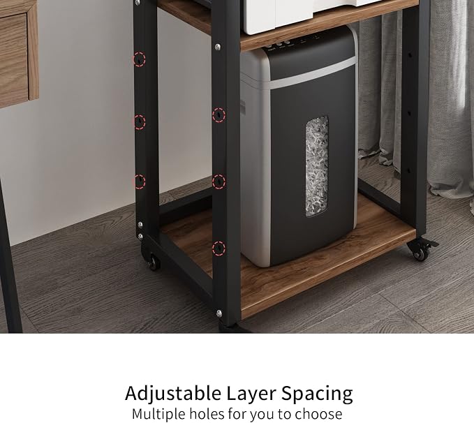 Natwind 3-Tier Movable Printer Stand Floor-Standing Desk Side Shredder Stand Computer Host Holder Adjustable Storage Shelf Rack on Wheels for Fax Scanner File Book (Retro)