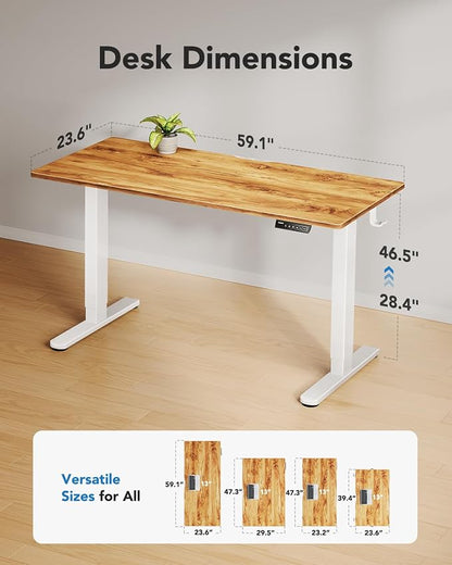 HUANUO Electric Standing Desk, Whole Piece Desktop, Adjustable Height Computer Desk, 4 Height Memory Settings, Sit Stand Up Desks for Home Office, 60" x 24", Light Vintage
