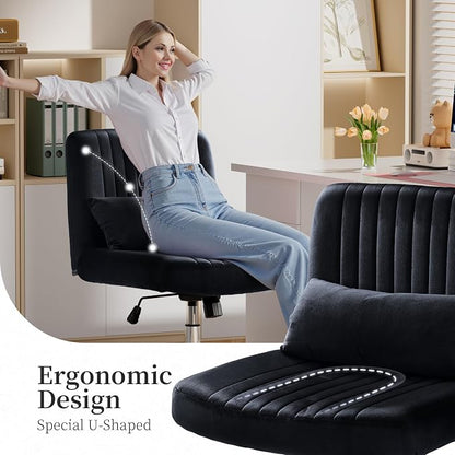 Warmiehomy Criss Cross Chair, Luxury Velvet Cross Legged Chairs, Office Chair for Home Office, Desk Chair with Height Adjustable, Wide Seat Computer Chair, Comfy Vanity Chair Gift, Classic Black