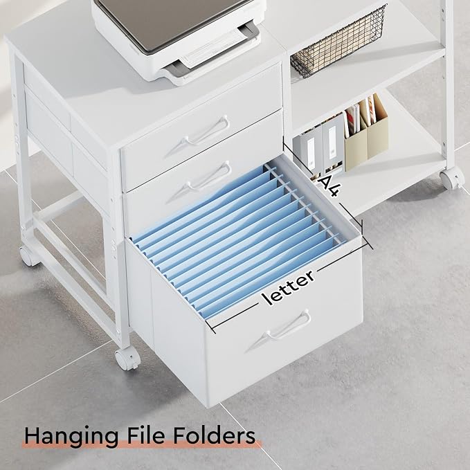 Maihail 3 Drawer File Cabinet with Wheels Rolling Printer Stand with Open Storage Shelf Fabric Lateral Filing Cabinet for Home Office,White