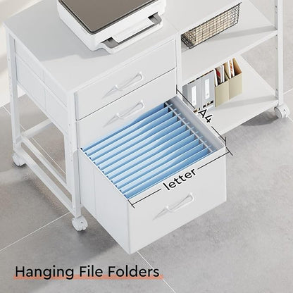 Maihail 3 Drawer File Cabinet with Wheels Rolling Printer Stand with Open Storage Shelf Fabric Lateral Filing Cabinet for Home Office,White