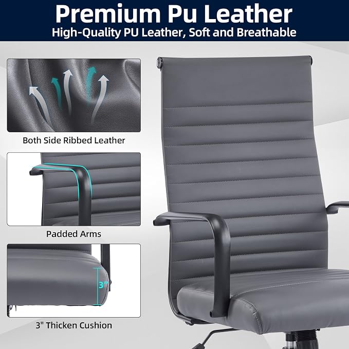 Office Chair, Ergonomic Executive Conference Room Chairs, Ribbed Leather Desk Chair with Lumbar Support, Adjustable Height Mid-Back Swivel Chair with Padded Seat