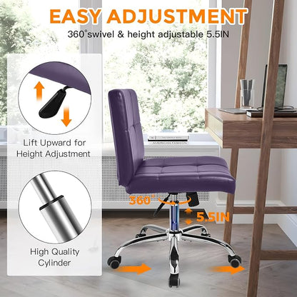 360° Office Desk Chair,PU Adjustable Rolling Task Chair with Backrest for Barber,Office,Home, Computer,360° Swivel,Armless (Widened Purple)