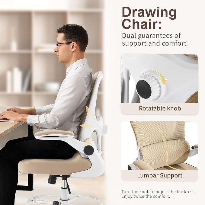 Karl home Ergonomic Drafting Chair, Khaki | Lumbar Support, Flip-Up Armrests, Adjustable Height Footrest Ring, Breathable Mesh, Tall Swivel