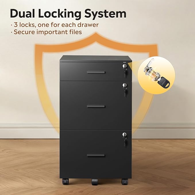 DEVAISE 3 Drawer Mobile File Cabinet with Lock & Wheels, Wood Printer Stand, Filing Cabinets for Home Office, Fits Letter/A4 Size, Black