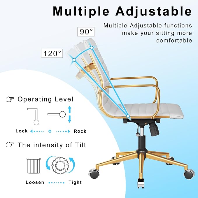 Ergonomic Office Chair White and Gold Leather Desk Chair for Home Office, Mid Century Comfy Executive Computer Chair Adjustable Swivel（1pcs）