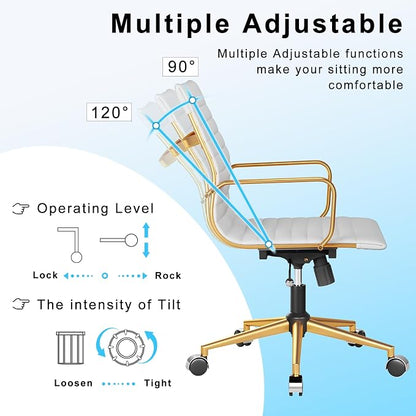 Ergonomic Office Chair White and Gold Leather Desk Chair for Home Office, Mid Century Comfy Executive Computer Chair Adjustable Swivel（1pcs）