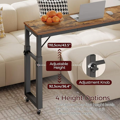 MAHANCRIS Overbed Table with Wheels, Mobile Bed Desk for Queen Size, 36"-43.5" Adjustable Height Rolling Table, Recliner Desk, Mobile Cross Bed for Bedroom, Living Room, Office, Rustic Brown MTHR18001