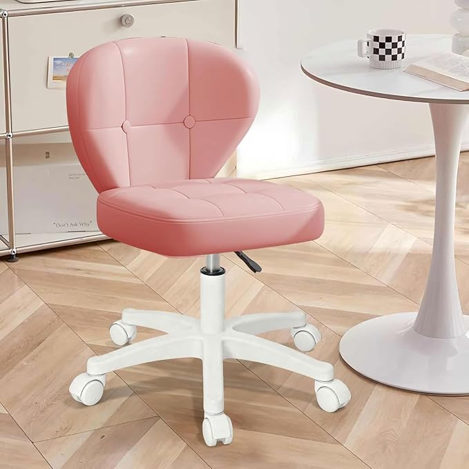 Small Office Chair with Lumbar Support, PU Leather Armless Swivel Desk Chair Adjustable Height, Compact Rolling Chair for Home Office, Bedroom, Study （Pink）