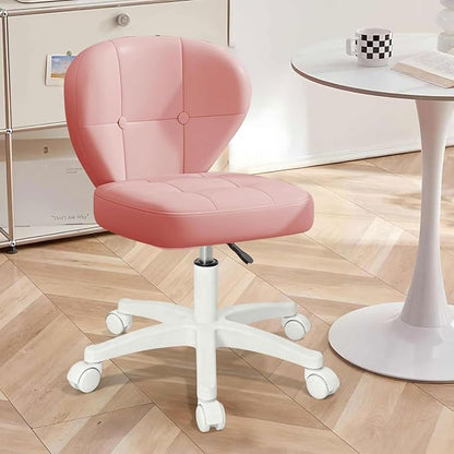 Small Office Chair with Lumbar Support, PU Leather Armless Swivel Desk Chair Adjustable Height, Compact Rolling Chair for Home Office, Bedroom, Study （Pink）