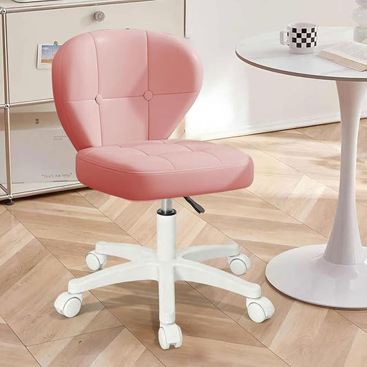 Small Office Chair with Lumbar Support, PU Leather Armless Swivel Desk Chair Adjustable Height, Compact Rolling Chair for Home Office, Bedroom, Study （Pink）