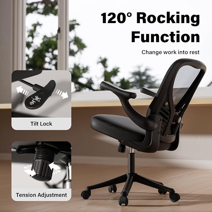 GYI Ergonomic Mesh Office Desk Chair, Black | 3D Flip-up Arms, Adjustable Lumbar Support, Adjustable Height, Study Room, Bedroom, Conference Room