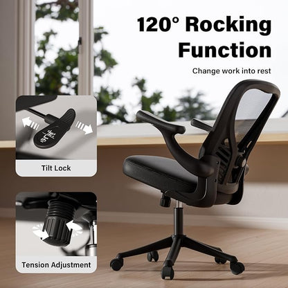 GYI Ergonomic Mesh Office Desk Chair, Black | 3D Flip-up Arms, Adjustable Lumbar Support, Adjustable Height, Study Room, Bedroom, Conference Room