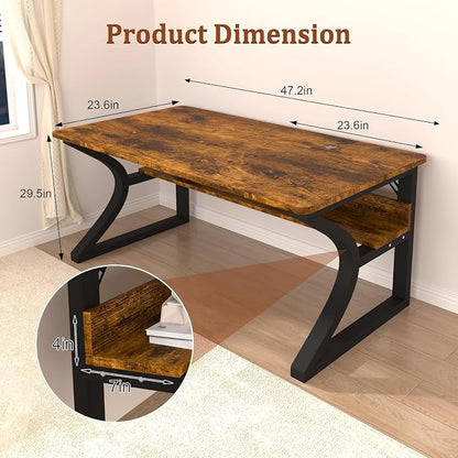 47 inch Computer Desk, Home Office Desk with Storage Shelf, Sturdy U-Shaped Metal Frame Study Table with Cable Management, Gaming Desk for Office & Bedroom (Rustic Brown, 47inch)