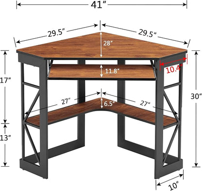VECELO Corner Desk Computer Desk Writing Table with Smooth Keyboard Tray & Storage Shelves,Compact Home Office Triangle Table,Teak
