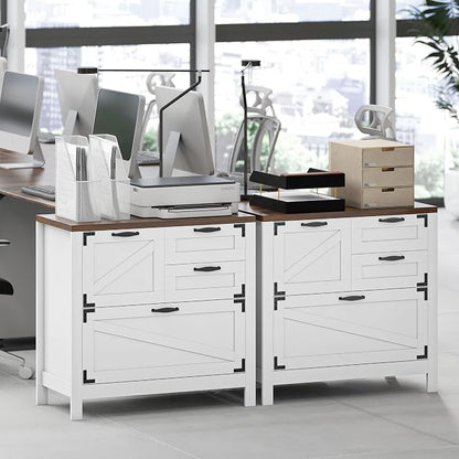 HOMCOM 4 Drawer File Cabinet, Farmhouse Lateral Filing Cabinet with Adjustable Hanging Rails for Letter/A4/Legal Size Files, Printer Stand for Home Office, White