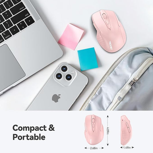 TECKNET Wireless Mouse, 2.4G Ergonomic Optical Mouse, Computer Mouse for Laptop, PC, Computer, Chromebook, Notebook, 6 Buttons, 24 Months Battery Life, 2600 DPI, 5 Adjustment Levels - Pink