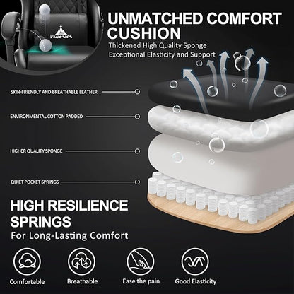 Gaming Chair,Ergonomic Massage Computer Office Desk Chair with Footrest,Pocket Spring Cushion,Reclining Leather Adjustable Gamer Chair with Headrest and Lumbar Support,Black