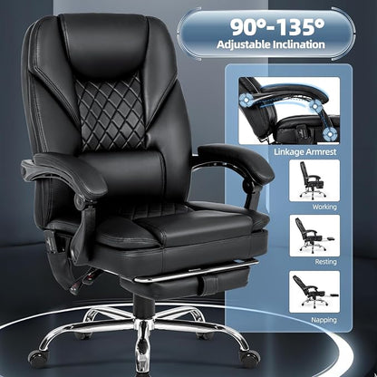 Massage Office Chair with Foot Rest, 6-Point Vibration and Heat Ergonomic Executive Chair, High Back Reclining Leather Desk Chair with 135° Recline, 400 LBS, Cozy