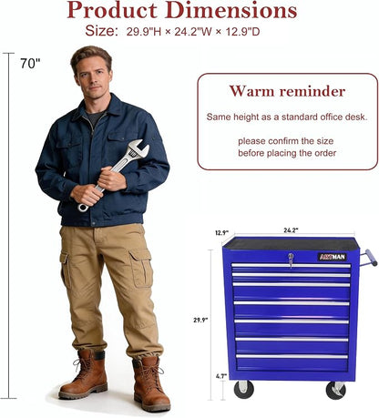 RYH 7 Drawers Rolling Tool Chest & Tool Box on Wheels | Heavy Duty Metal Cart with Ball Bearing Drawers | Fits US General Tool Box for Garage Storage (Blue, 7 Drawers（29.9" H × 24.2" W × 12.9" D)