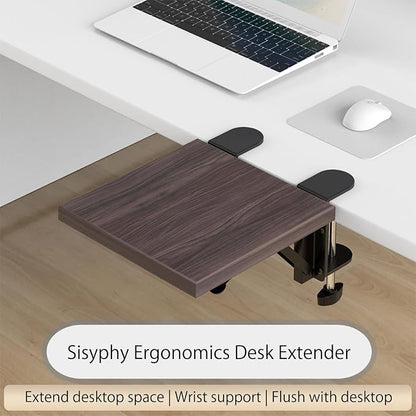 Sisyphy Ergonomics Desk Extender Tray, 9.5x9.1" Punch-Free Clamp on, Foldable Keyboard Drawer Tray, Table Mount Arm Wrist Rest Shelf, Computer Elbow Arm Support