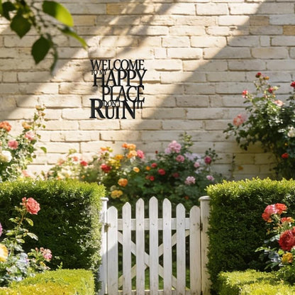 Black Metal Wall Art Funny Bathroom Office Kitchen Bar Garden Living Room Wall Decor for Bedroom Farmhouse Home Decor,Welcome To My Happy Place Don't Ruin It Sign,House Warming Gifts for Women Men