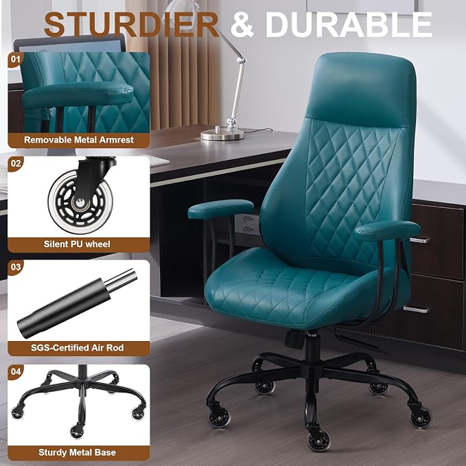 Office Chair with Rubber Wheels, Ergonomic Computer Chair 500 lbs, Leather Desk Chair with Lumbar Support, Executive Chair Adjustable Height & Recline, Green | Ergonomic, Lumbar Support, 360° Swivel & Rolling Wheels, Adjustable Height, for Adults & Women