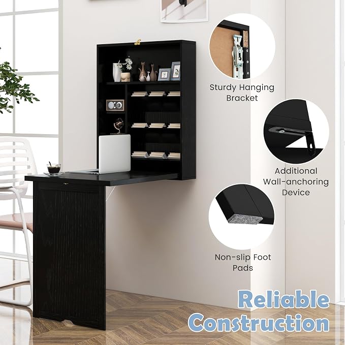 Tangkula Folding Wall Mounted Desk, Convertible Fold Out Floating Table with Storage Shelves, Space-Saving Drop Leaf Table, Murphy Desk for Craft, Study, Small Spaces, Home Office, Dorm, Black