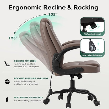 MALOL Leather Office Chair, Computer Desk Chair with Adjustable Lumbar Support, Thick Cushion, Flip-Up Arms and Ergonomic Back, Comfy Executive Office Chair for Home Office Gaming,Brown