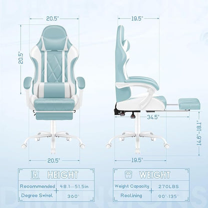 Shahoo Gaming Chair with Footrest and Massage Lumbar Support, Ergonomic Office Computer Seat Height Adjustable with Headrest, Light Blue