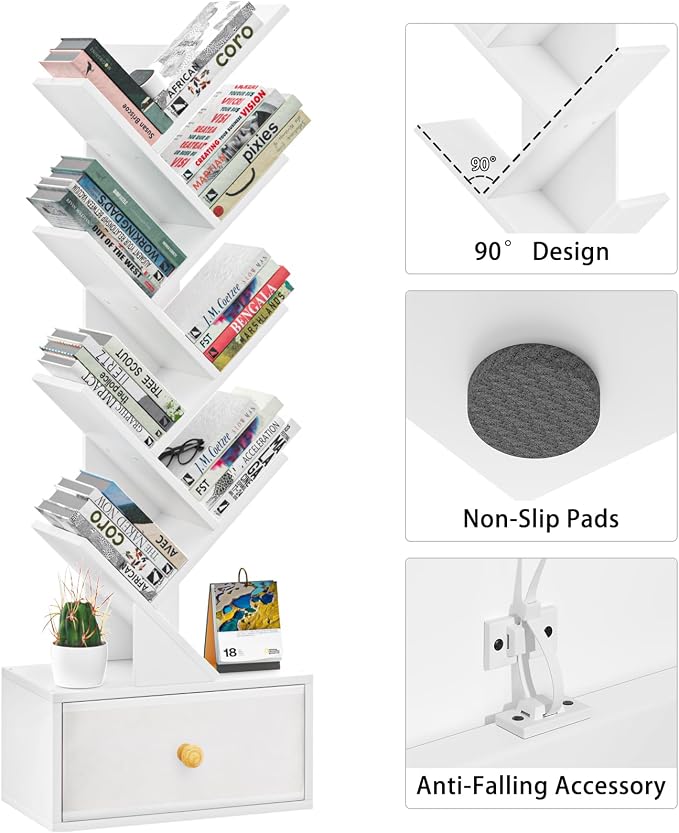SHEEPAM 8 Tier Tree Bookshelf with Drawer, Free Standing Wood Bookcase for Living Room, Bedroom, Home Office, Space Saving Storage Organizer Bookshelves for Books, CDs, Vinyl Records- White