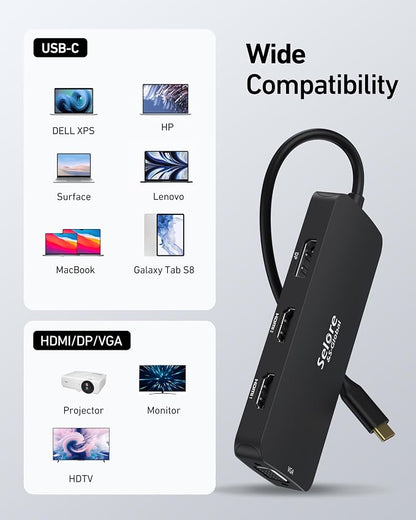 USB C Docking Station Dual HDMI Monitor Adapter, Selore USB C Hub 3 Monitors with Dual HDMI, Displayport, VGA, 100W PD Charging, 3USB 2.0 Ports Adapter for Dell XPS,HP, Lenovo,etc(Black)