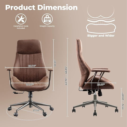 ovios Executive Ergonomic Office Chair, High Back Comfy Faux Suede Leather Computer Chairs, Mid-Century Modern Swivel Rolling Task Armchair, Dark Brown