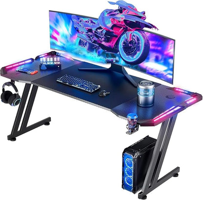 HLDIRECT 63 Inch Gaming Desk with LED Lights, Large RGB Computer Gaming Desk Table with Cup Holder Headphone Hook Mouse Pad, Ergonomic Modern Carbon Fiber Mesa Gamer Pc Work Home Office Desks, Black