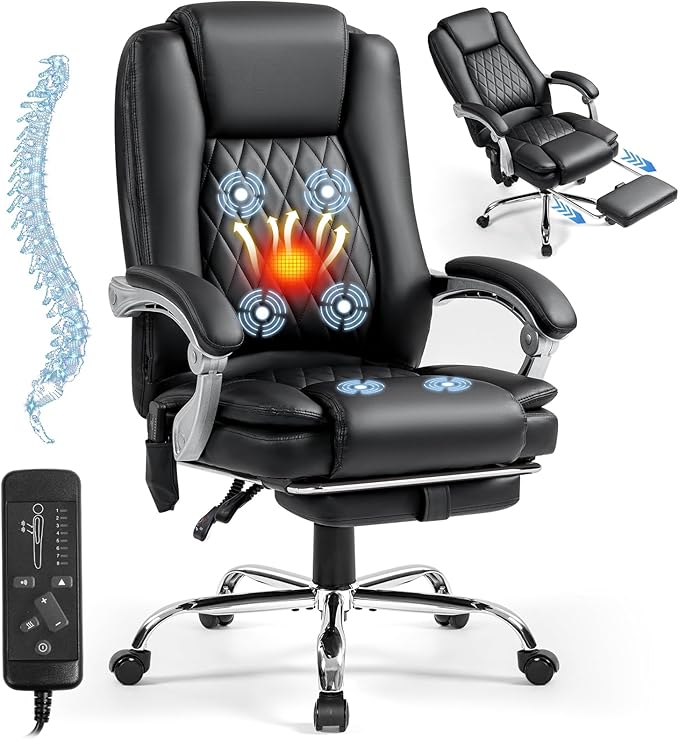 Massage Office Chair with Foot Rest - Ergonomic Executive Chair, High Back Reclining Leather Desk Chair with 135° Recline, 400 LBS, 6-Point Vibration and Heat, Classic