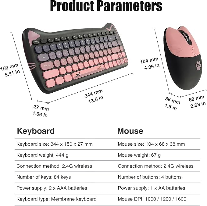 Cute Cat 2.4G USB Wireless Keyboard and Mouse Combo, Silent Keys, Candy Colors, Compatible with Notebook, PC (BlackPink-84Keys)