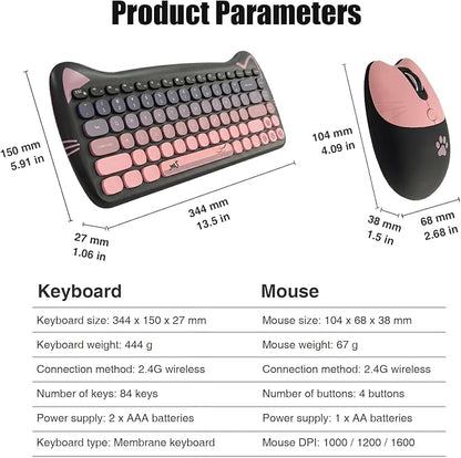 Cute Cat 2.4G USB Wireless Keyboard and Mouse Combo, Silent Keys, Candy Colors, Compatible with Notebook, PC (BlackPink-84Keys)