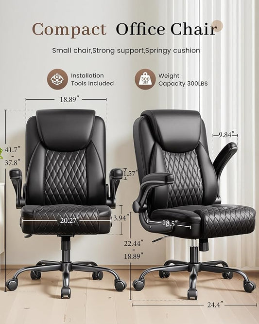 COMHOMA Mid-Back Office Chair, Ergonomic PU Desk Chair with Flip up Arms, Small Computer Gaming with Comfy Lumbar Support,Rocking Function,Sturdy Metal Base, Ink Black
