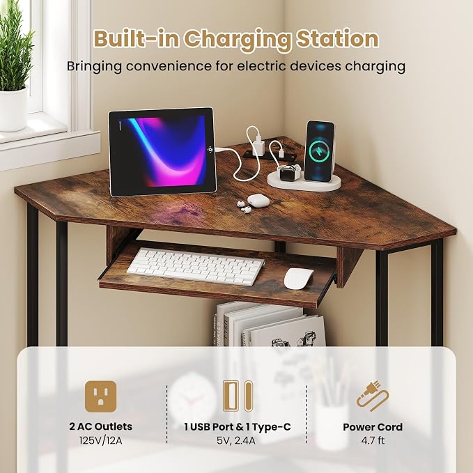 Giantex Small Corner Desk with Charging Station, Triangle Computer Desk with Keyboard Tray & Storage Shelf, Metal Corner Writing Desk for Bedroom, Small Space, Home Office, Black & Rustic Brown