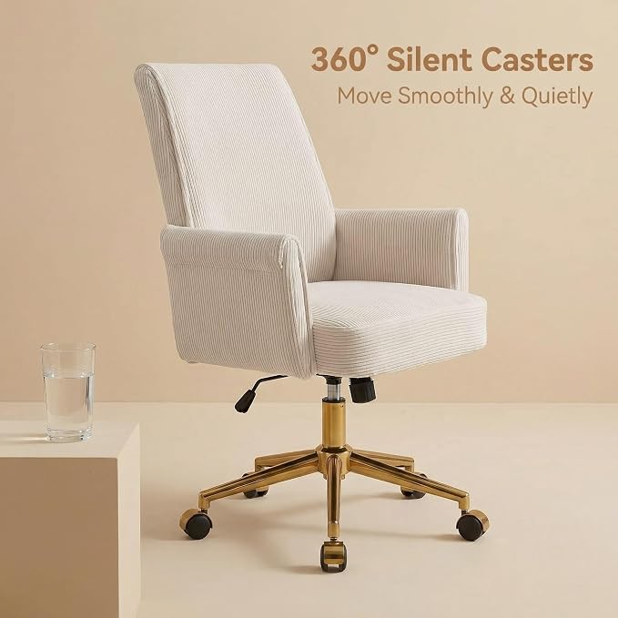 Stripes Velvet Home Office Desk Chair, Accent Upholstered Modern Height Adjustable Swivel Chair with Wheels,Ergonomic Task Chair for Living Room,Bedroom,Vanity,Study,Office（Cream）