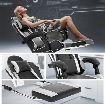 Athena Collection Ergonomic Gaming Chair with Footrest & Headrest Lumbar Support, Height Adjustable Swivel Office Chair Reclining Game Chair High Back Computer Chair for Adults, White