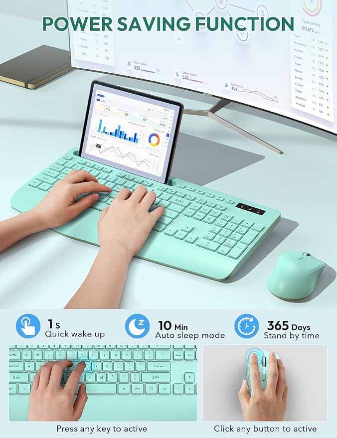 SABLUTE Wireless Keyboard and Mouse, Wrist Rest, Phone Holder, Battery Powered, 2.4G Lag-Free Ergonomic Keyboards Mouse Combo, KM23D Silent Keyboards Set for PC, Laptop, PC, Windows, Mint Green